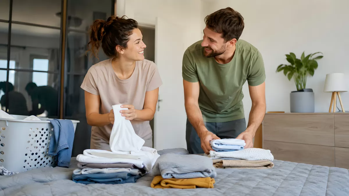 Paar faltet gemeinsam Wäsche im Schlafzimmer