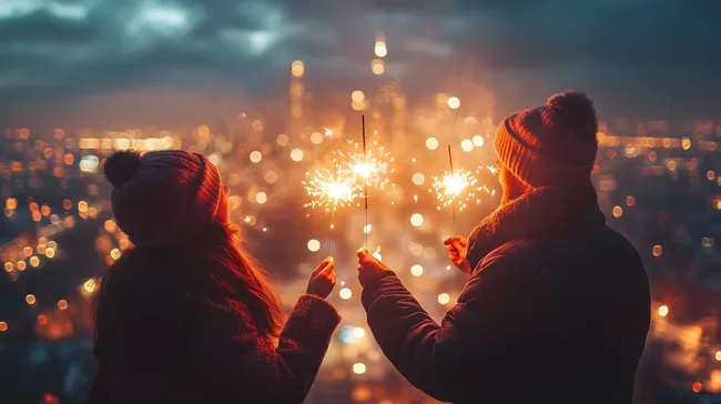 Paar genießt faszinierende Feuerwerksshow an Silvester