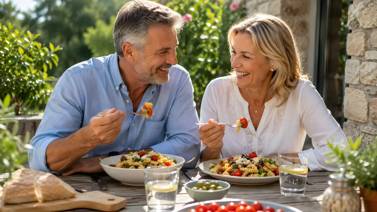 Paar genießt Nudelsalat beim Mittagessen im Freien