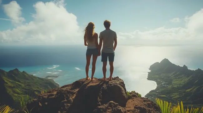 Paar genießt Panoramablick von Berggipfel