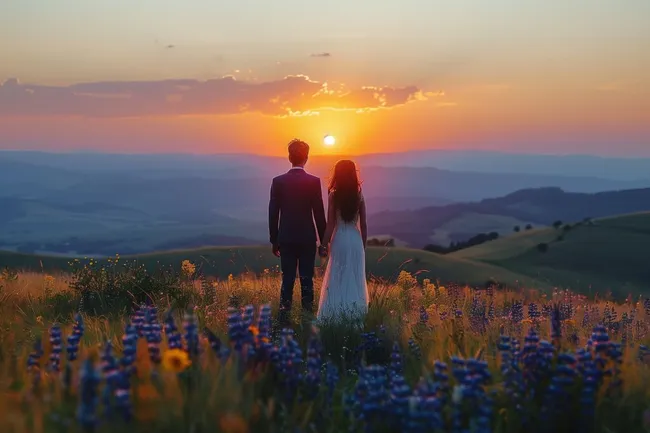 Paar genießt romantischen Sonnenuntergang in malerischer Landschaft