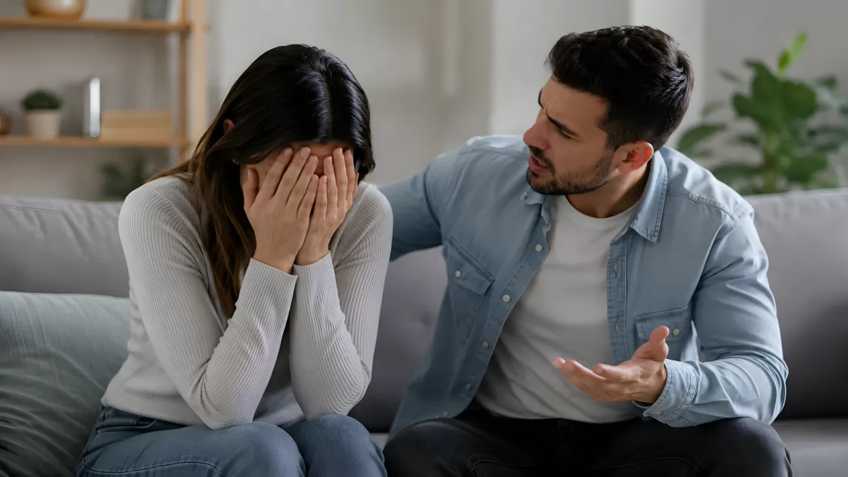 Paar im Streit auf Sofa – weinende Frau und Mann