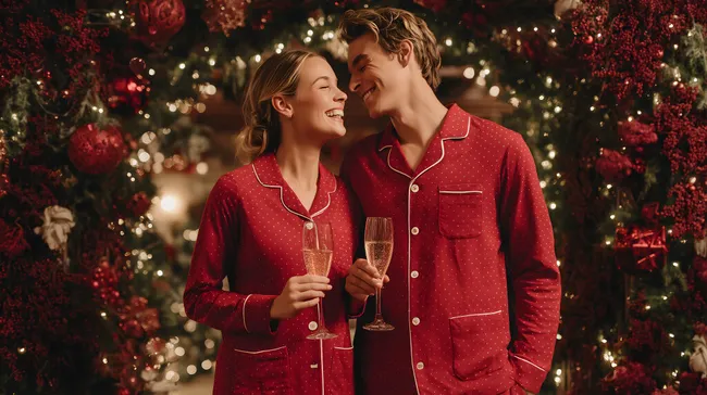 Paar in roten Weihnachtspyjamas genießt Champagner vor Weihnachtsbaum