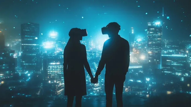 Paar in virtueller Realität erkundigt futuristische Stadtsilhouette