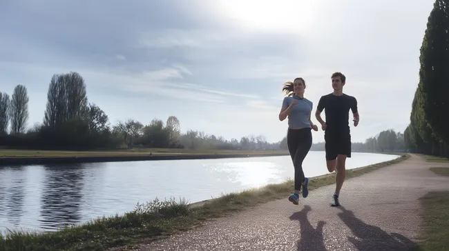 Paar joggt entlang Flussweg bei Sonnenuntergang
