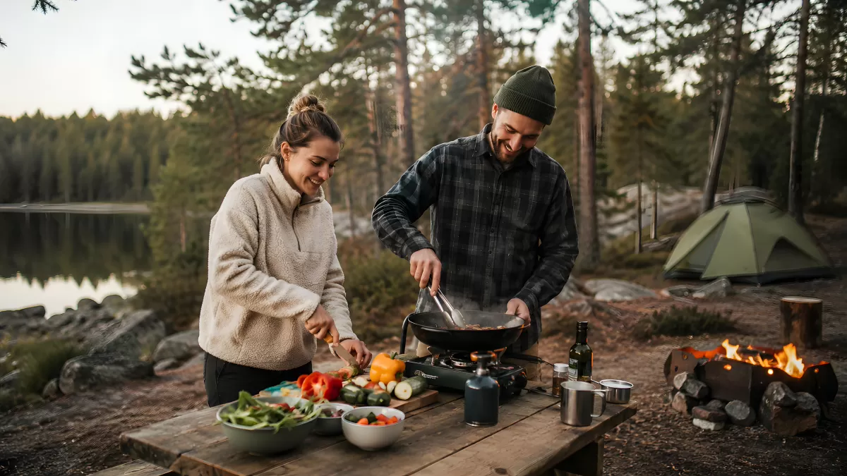 Paar kocht gemeinsam beim Camping am Waldsee