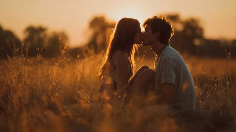 Paar küsst sich im Sonnenuntergang auf dem Feld