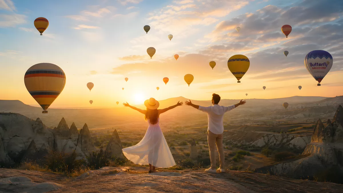 Paar mit Heißluftballons über Kappadokien bei Sonnenaufgang