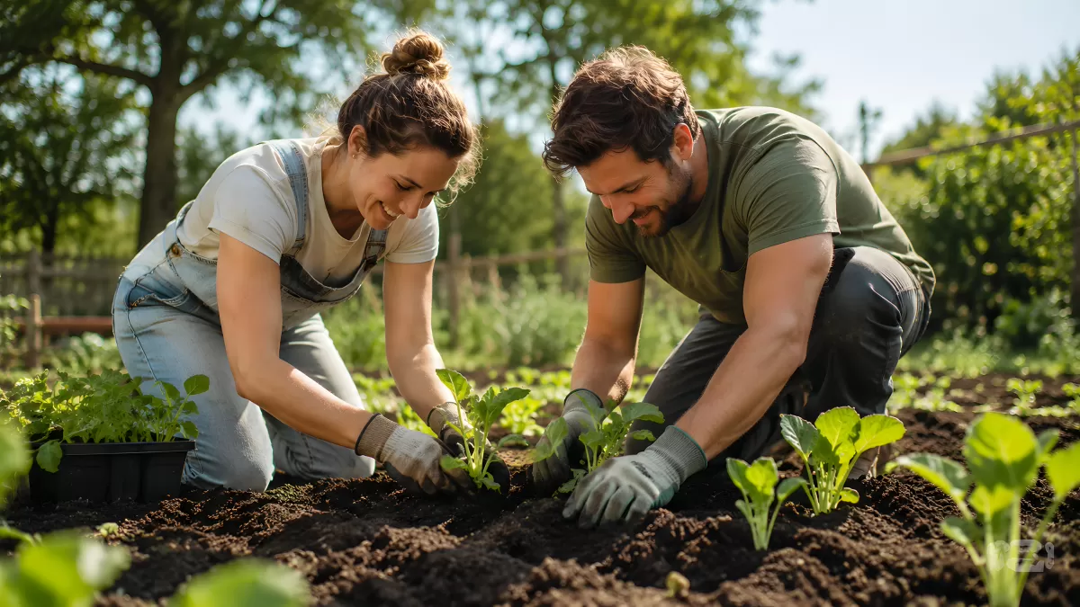 Paar pflanzt gemeinsam Gemüsesetzlinge im Garten