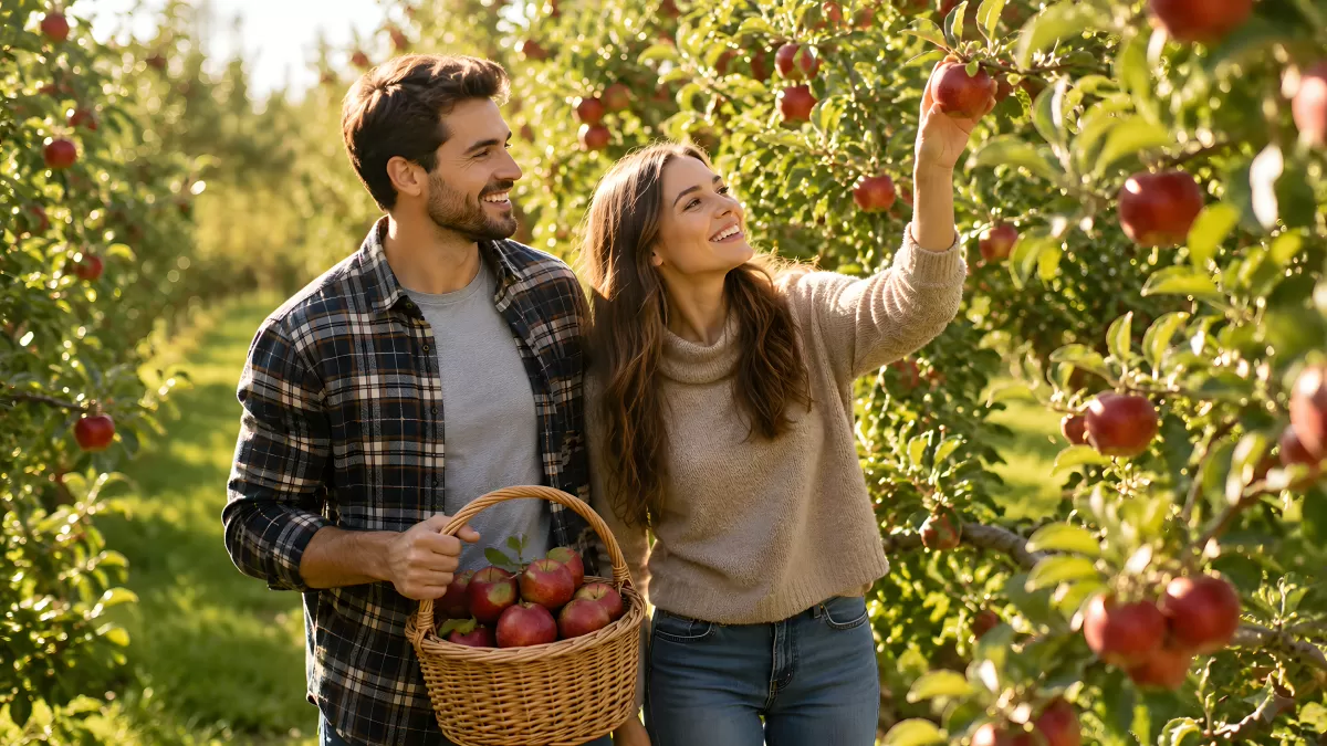 Paar pflückt Äpfel gemeinsam im Obstgarten