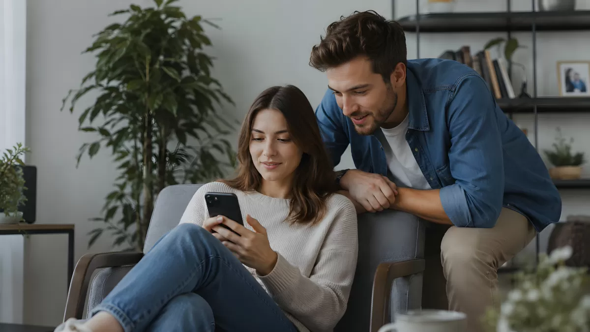 Paar schaut gemeinsam auf Smartphone im Wohnzimmer