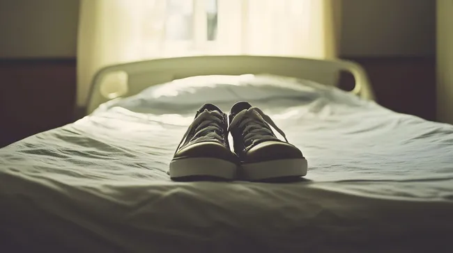 Paar schwarze Schuhe auf einem gemachten Bett