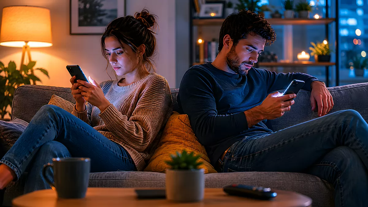 Paar sitzt nebeneinander auf Sofa mit Smartphones