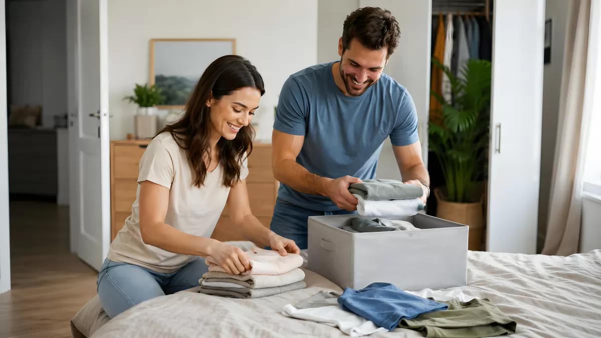 Paar sortiert gemeinsam Kleidung auf dem Bett