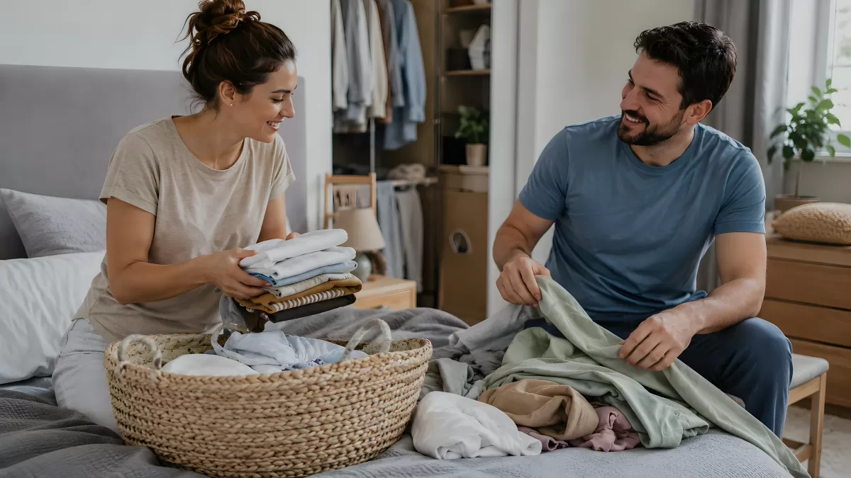 Paar sortiert gemeinsam Wäsche im Schlafzimmer