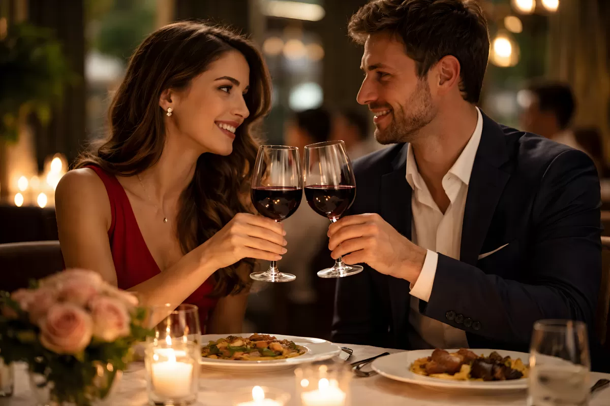 Paar stößt beim romantischen Abendessen mit Rotwein an