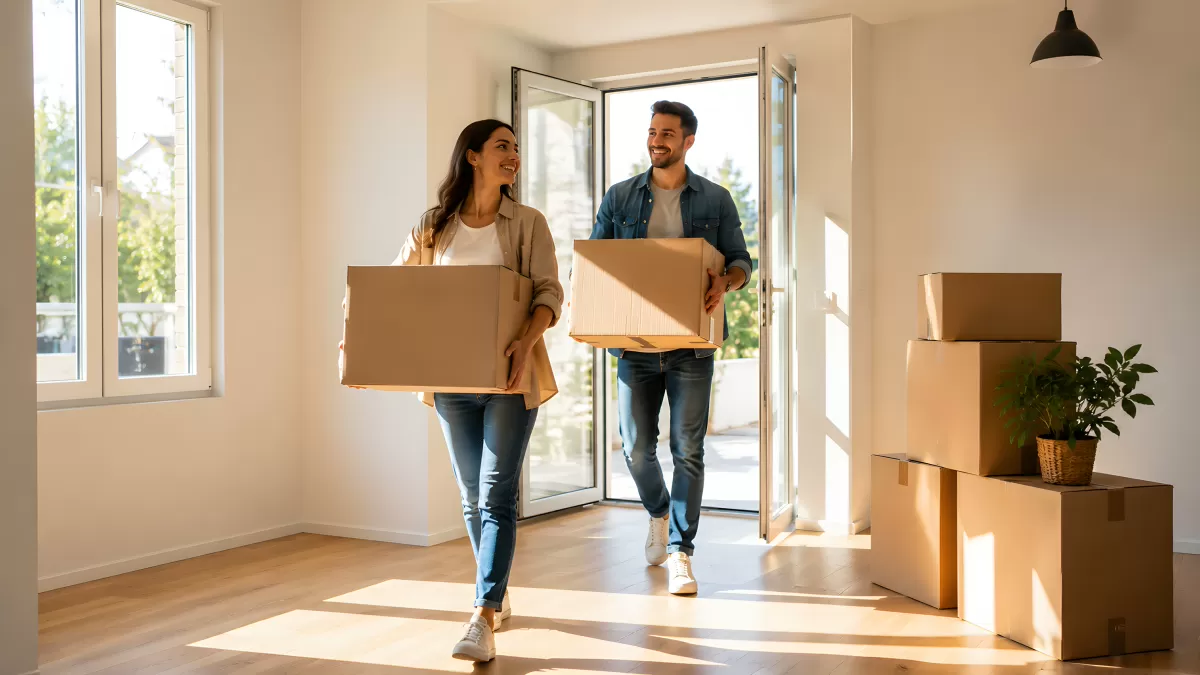 Paar trägt Umzugskartons in neue helle Wohnung
