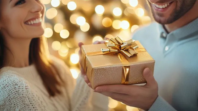 Paar überreicht sich goldenes Weihnachtsgeschenk