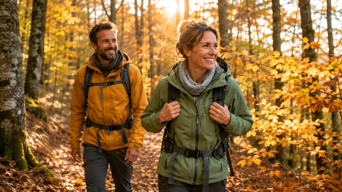 Paar wandert lächelnd durch herbstlichen Wald