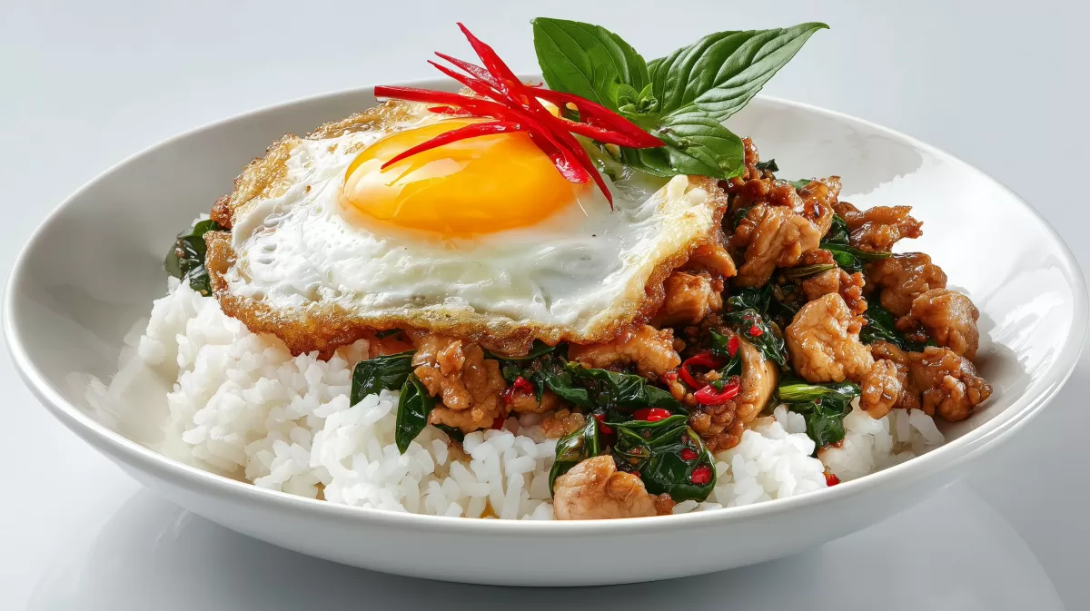 Pad Krapao Gai mit Spiegelei auf weißem Teller
