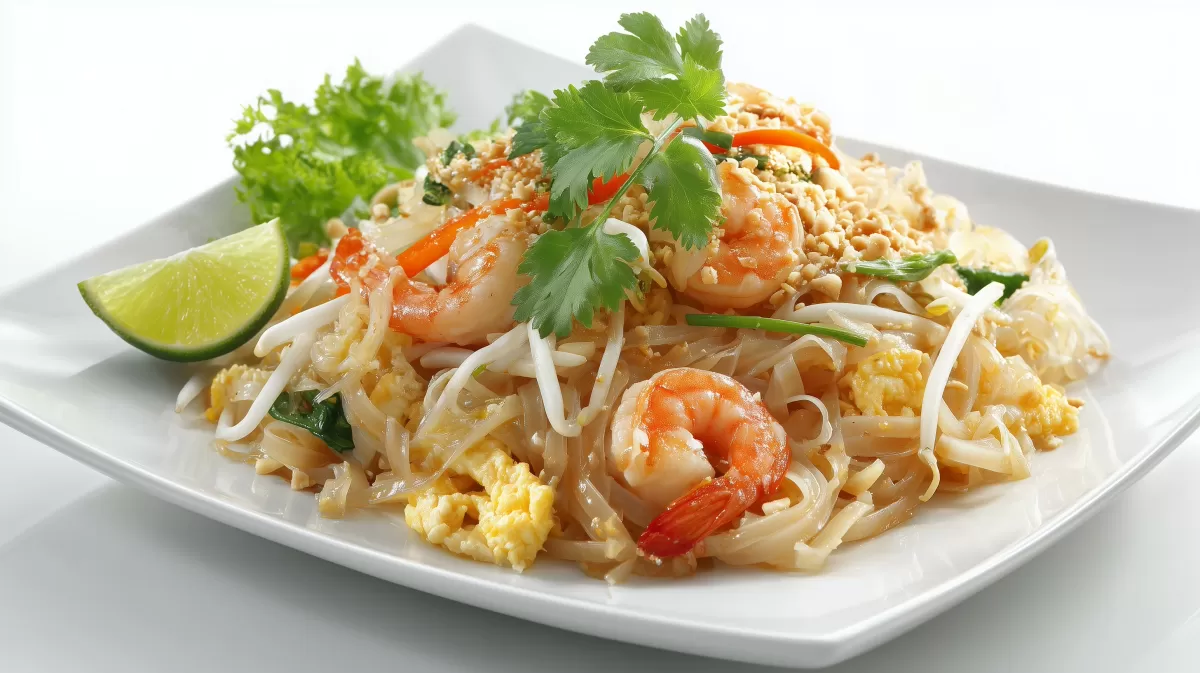 Pad Thai mit Garnelen auf weißem Teller serviert