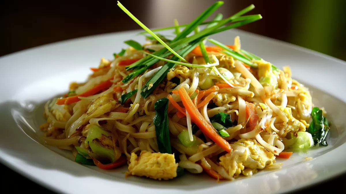 Pad Thai mit Gemüse und Ei auf weißem Teller