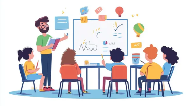 Pädagoge erklärt Lerngruppe mit Präsentationstool