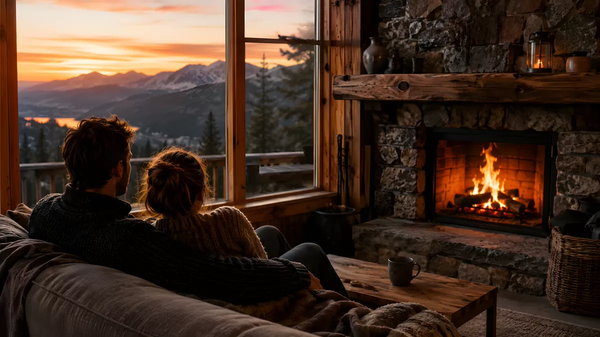 Pärchen am Kamin mit Bergpanorama bei Sonnenuntergang