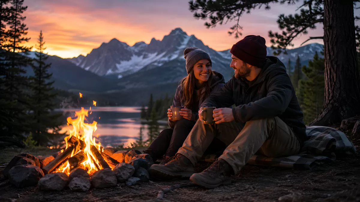 Pärchen am Lagerfeuer mit Bergpanorama bei Sonnenuntergang