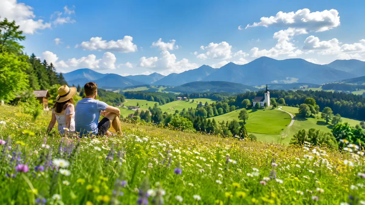 Pärchen auf Blumenwiese mit Alpenblick und Kirche