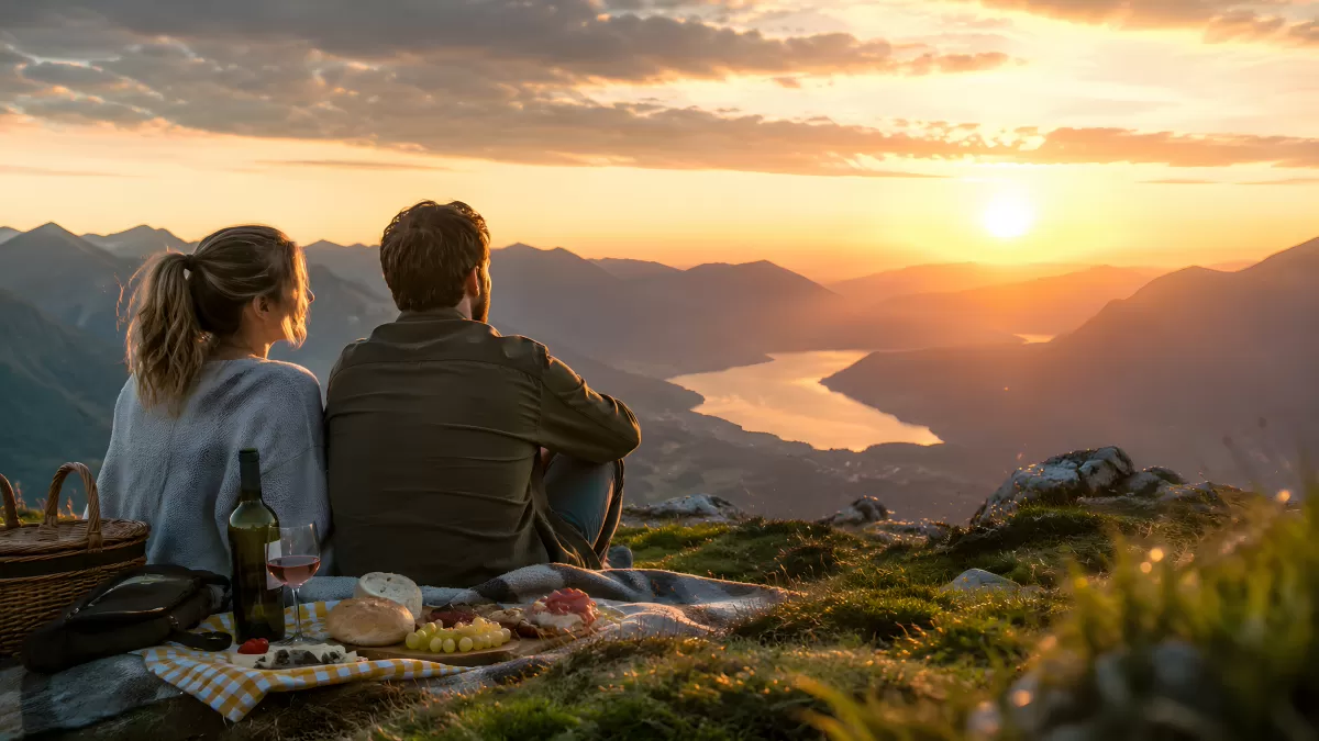 Pärchen beim Picknick mit Bergpanorama im Sonnenuntergang