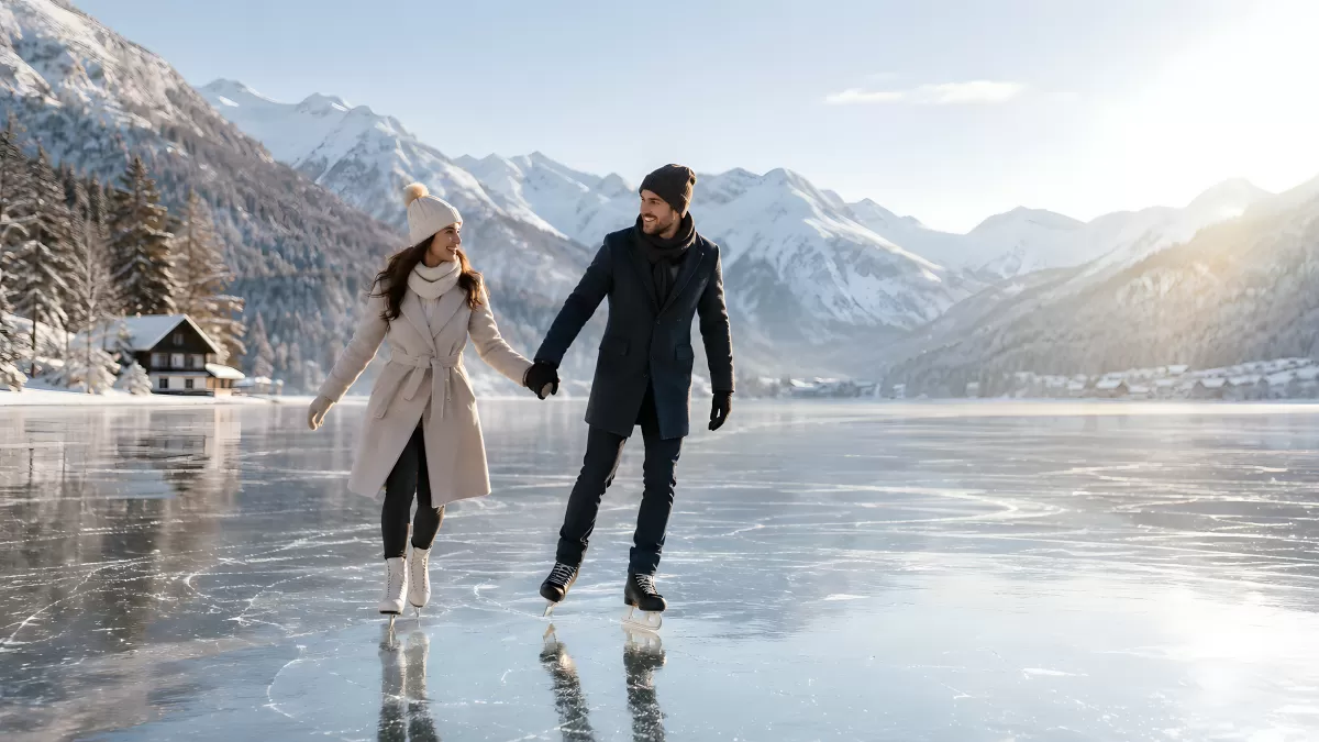 Pärchen beim Schlittschuhlaufen auf gefrorenem Bergsee