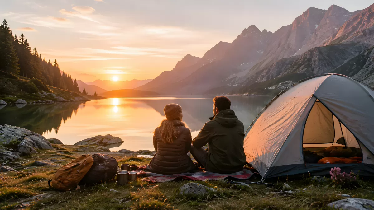Pärchen beobachtet Sonnenuntergang am Bergsee beim Camping