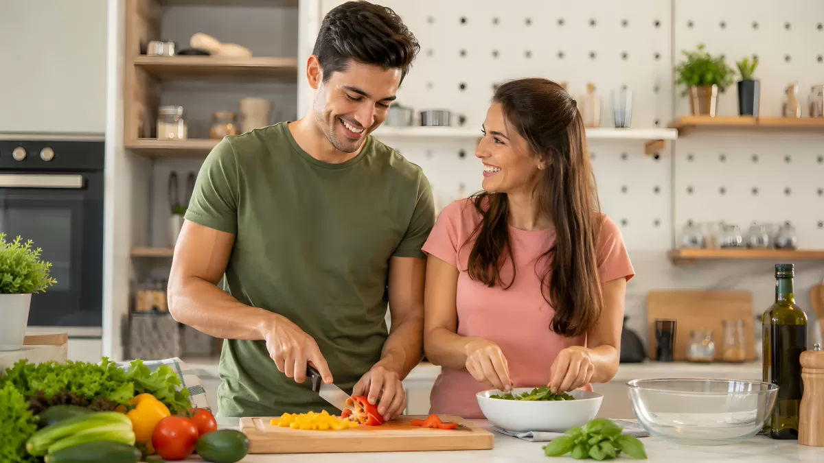 Pärchen bereitet gemeinsam frischen Salat in der Küche zu