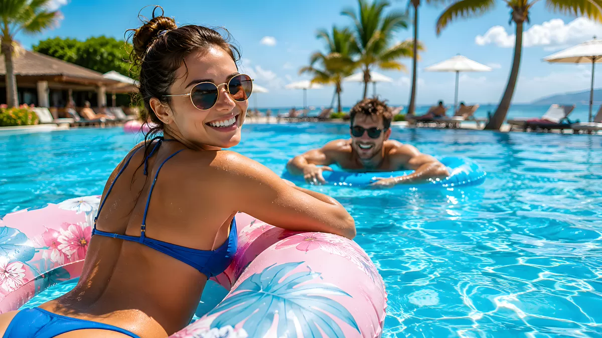 Pärchen entspannt auf Luftmatratzen im Hotelpool