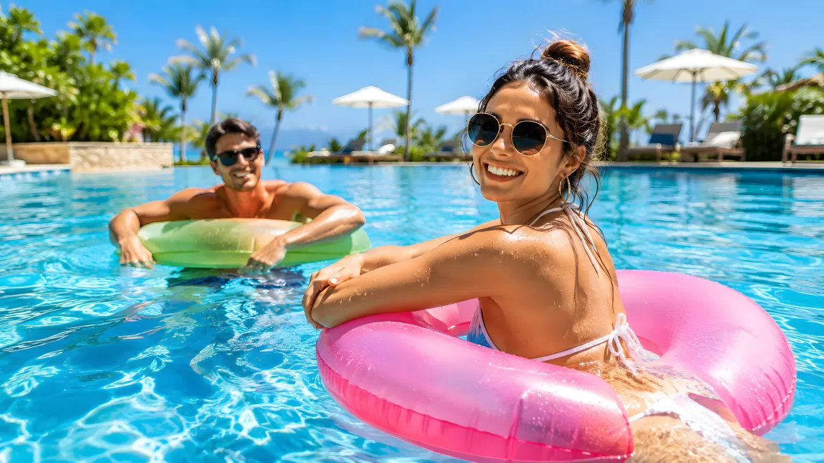 Pärchen entspannt mit Schwimmreifen im Freibad