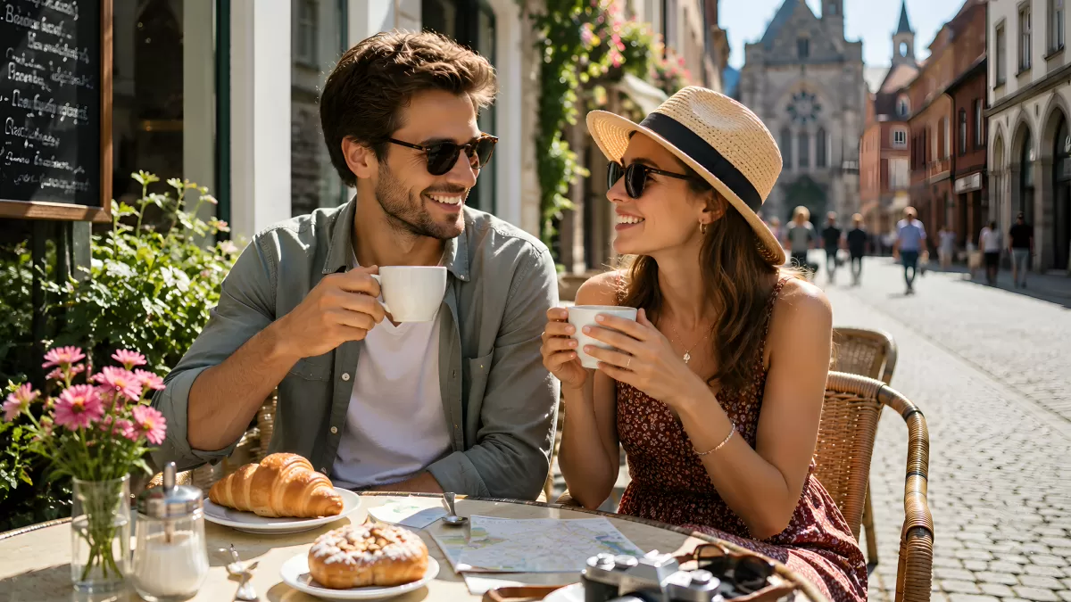 Pärchen genießt Kaffee im Straßencafé einer Altstadt
