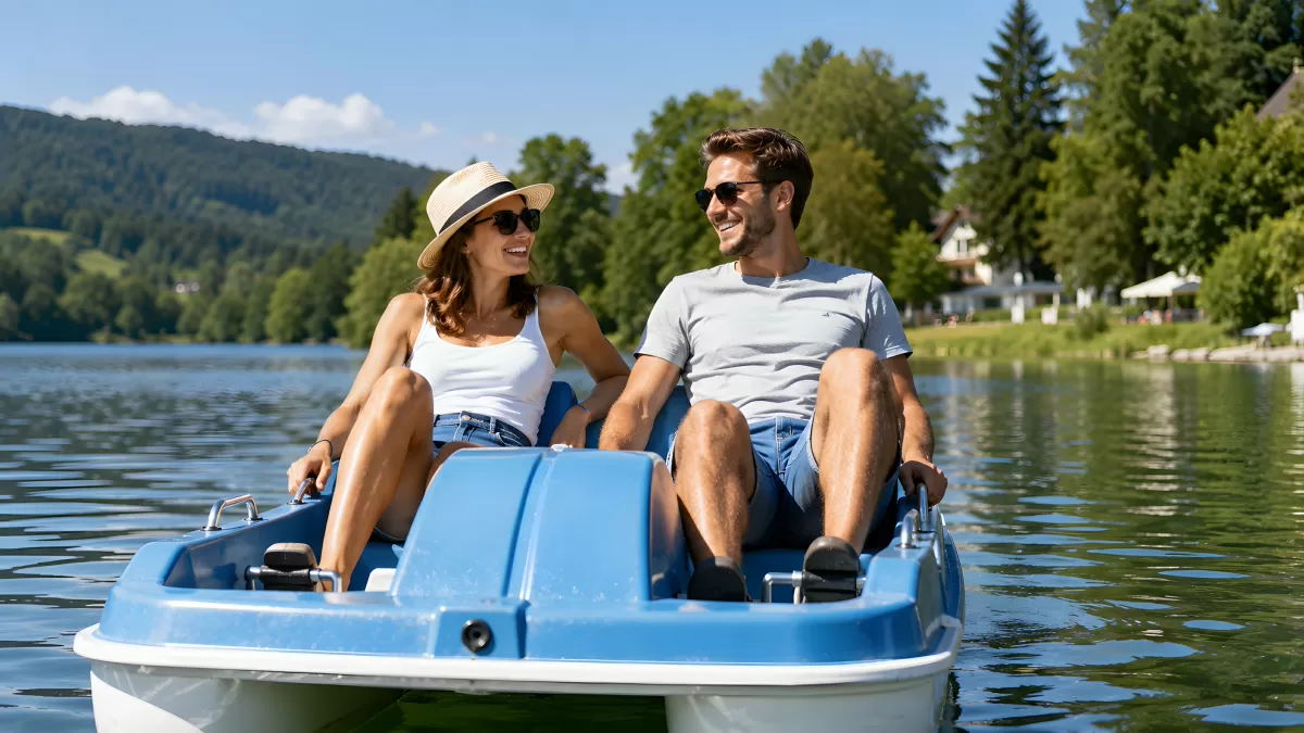 Pärchen genießt Tretbootfahrt auf sommerlichem See