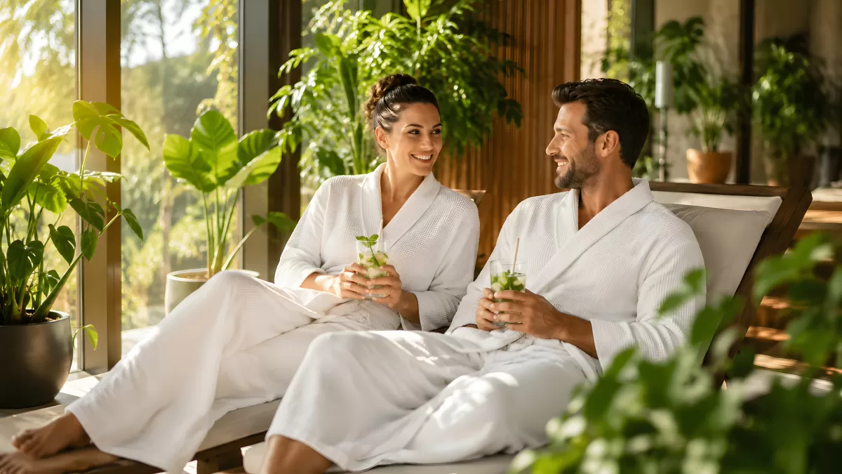 Pärchen in Bademänteln entspannt im Spa mit Drinks