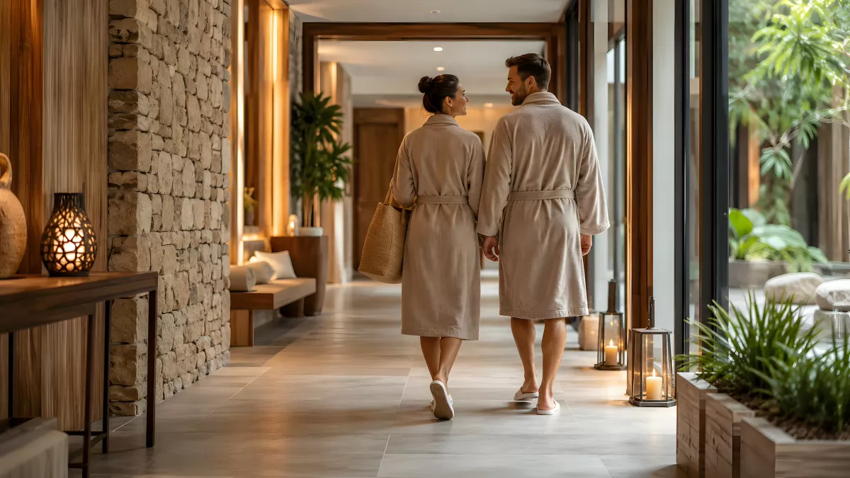 Pärchen in Bademänteln spaziert durch Spa-Flur