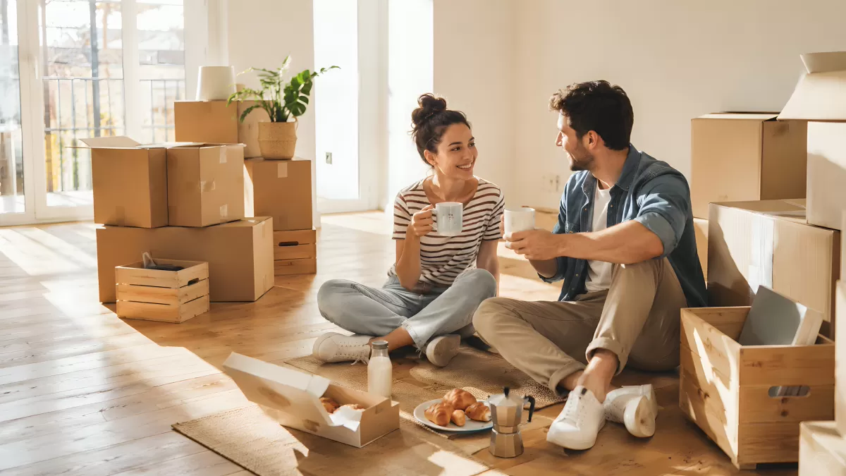 Pärchen macht Pause beim Einzug in neue Wohnung
