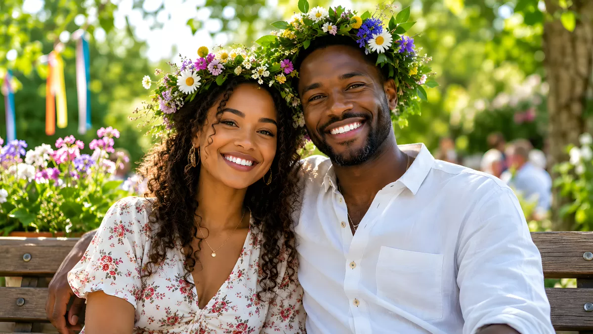 Pärchen mit Blumenkränzen feiert Mittsommer im Park