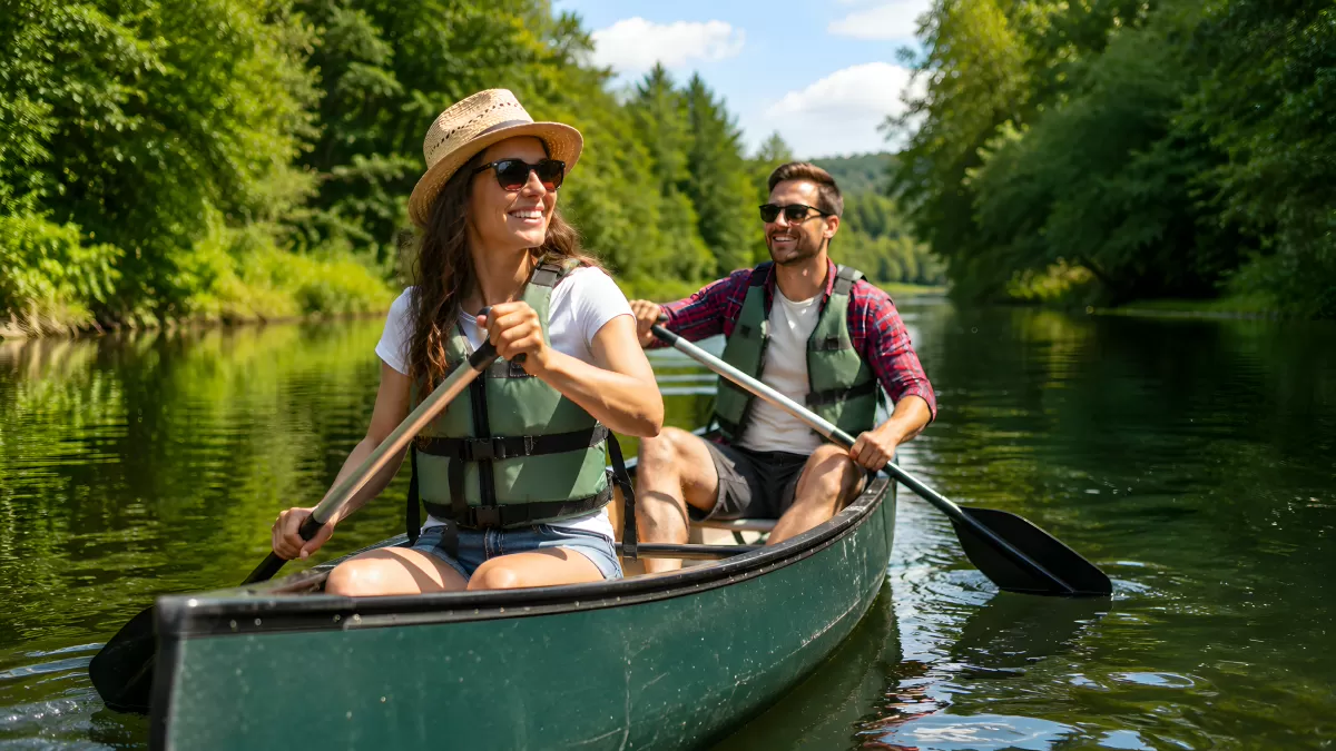 Pärchen paddelt im Kanu durch grünen Fluss