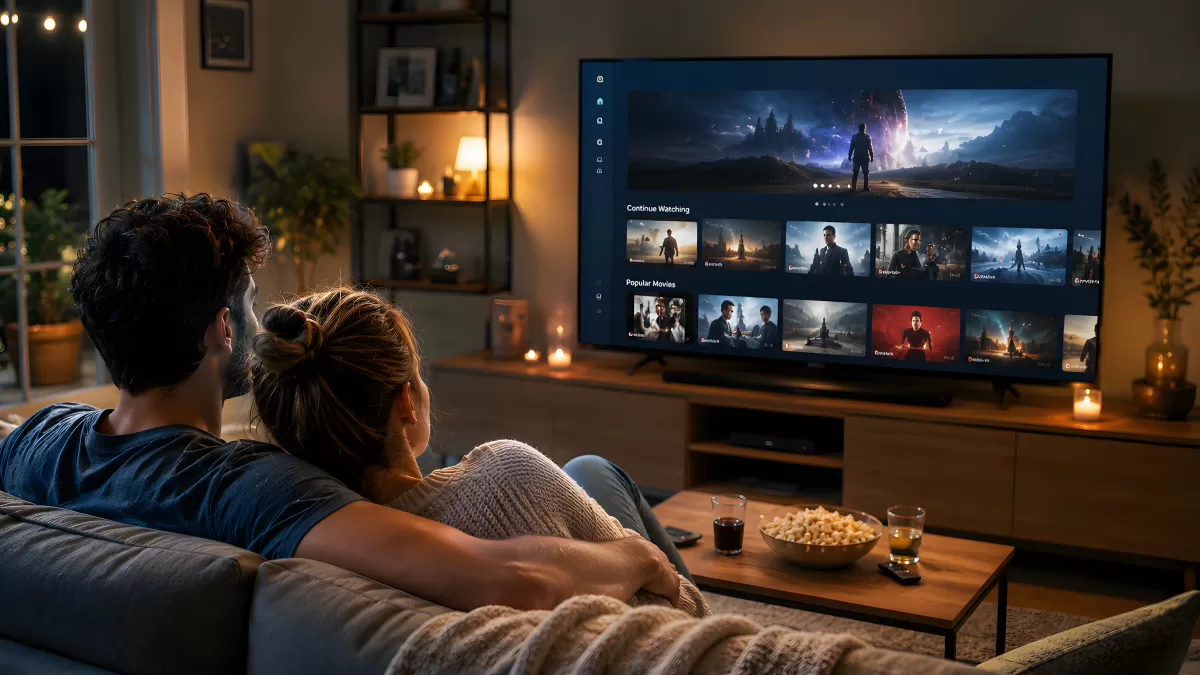 Pärchen schaut gemeinsam Streaming-Dienst im Wohnzimmer