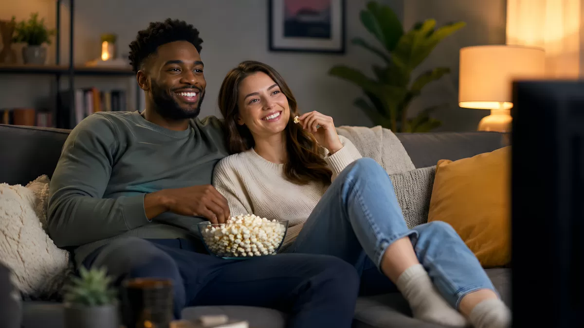 Pärchen schaut gemütlich Film auf dem Sofa