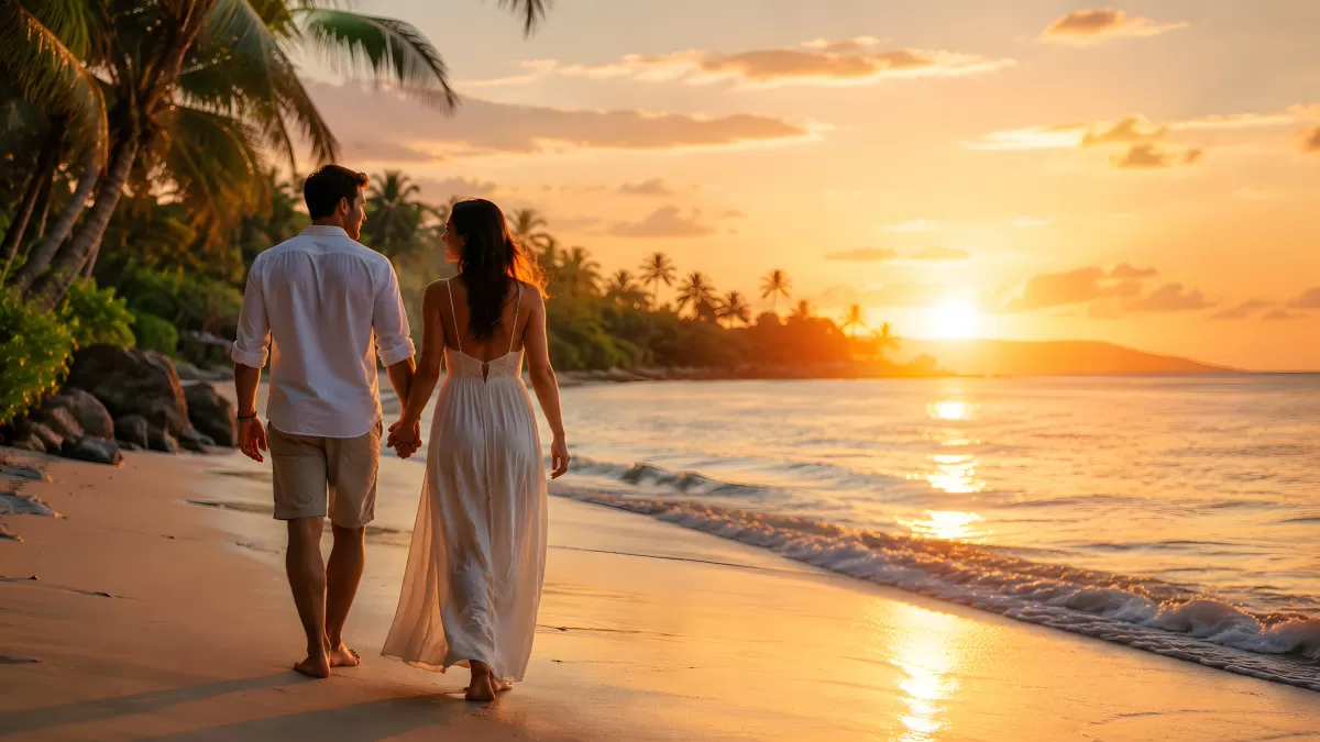 Pärchen spaziert romantisch am Strand beim Sonnenuntergang