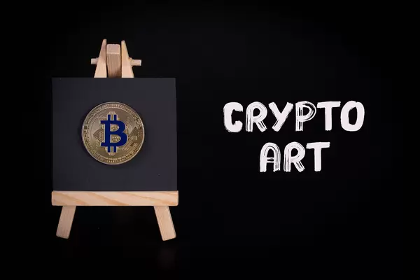 Painting art board with Bitcoin coin and Crypto Art text