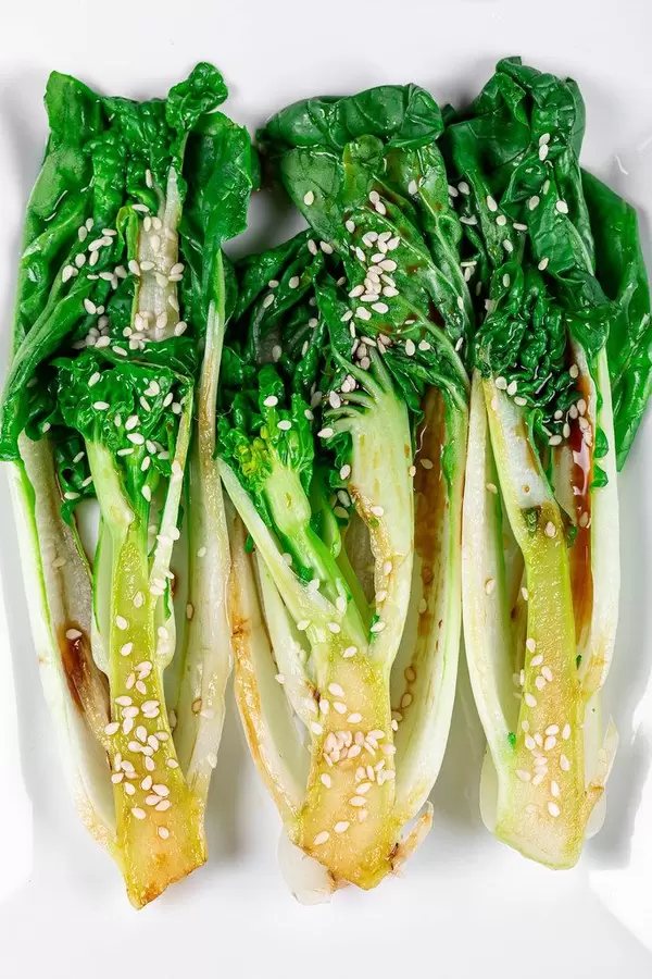 Pak Choi baby cabbage with sauce and sesame seeds