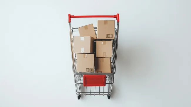 Paket-beladener Einkaufswagen vor weißem Hintergrund