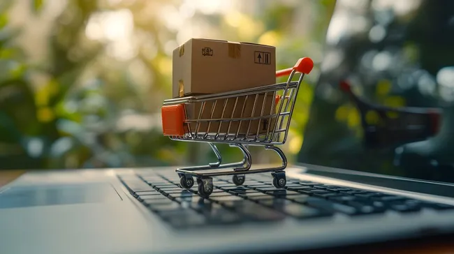 Paket in Einkaufswagen auf Laptop-Tastatur